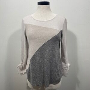 NIC+ZOE Womens Petite Small Gray Colorblock‎ Mixed Media Tie Cuff Sweater Career